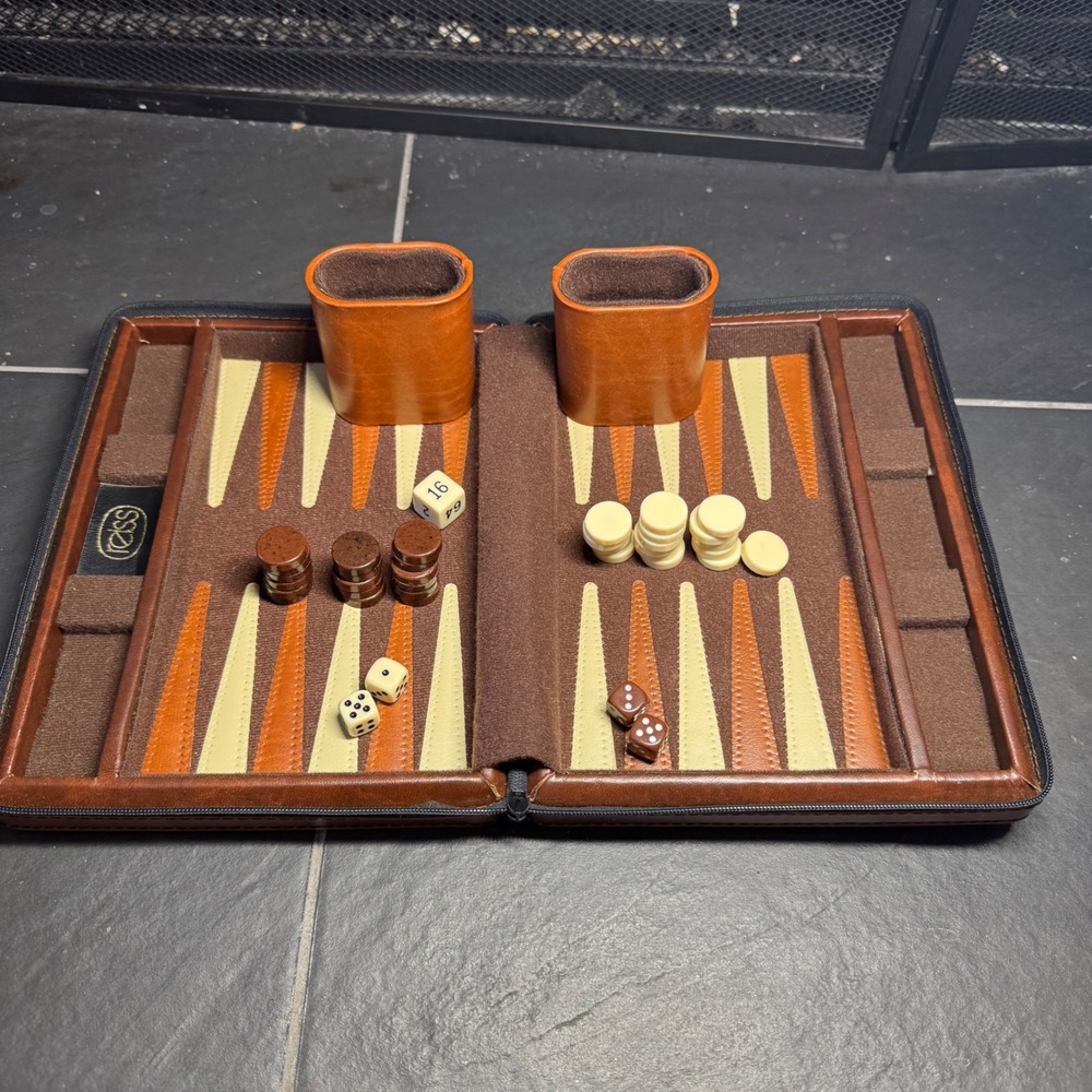 Vintage Reiss Backgammon Set Brown Faux Leather Zippered Travel Case Complete